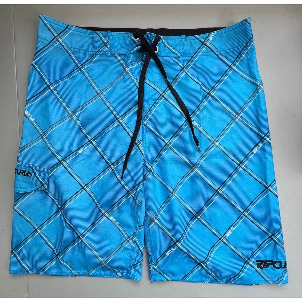 Rip Curl Board Shorts Mens 36 Blue Plaid Surf Swim Trunks Drawstring Pocket